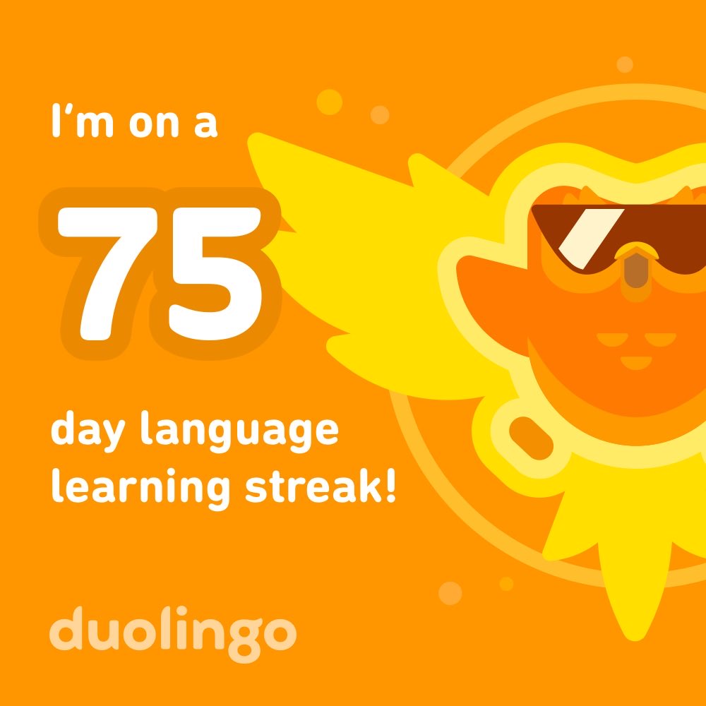 I’m on a 75 day streak learning Spanish on Duolingo! Join me? invite.duolingo.com/BDHTZTB5CWWKTA…