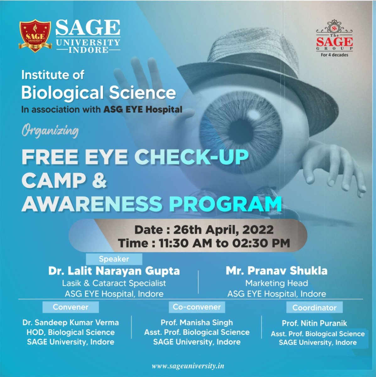 SAGE_INDORE's tweet photo. Institute of Biological Science organizing "FREE EYE CHECKUP CAMP & AWARENESS PROGRAM" in association with ASG EYE HOSPITAL today.
all the members of SAGE family are humbly invited to grace the occasion.
Visit us: https://t.co/4FYelapHan
.
.
.
#FREEEYECHECKUPCAMP
#ASGHOSPITAL https://t.co/ghS3lZ6Y2h
