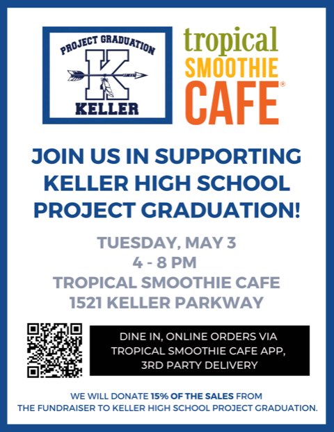Keller_PG's tweet photo. Join us at Tropical Smoothie in Keller on Tuesday, May 3rd from 4-8pm for Spirit Night supporting Keller Project Graduation. Don’t forget they serve flatbreads, wraps, and salads too!
1501 Keller Pkwy, Keller, TX 76248
#tropicalsmoothiecafe #tropictime https://t.co/ev4uxuZFAi
