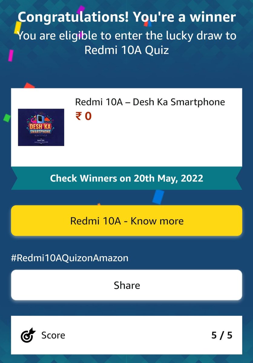 Thank you for the quiz
  <a href="/XiaomiIndia/">Xiaomi India</a> <a href="/amazonIN/">Amazon India</a> 
#Redmi10a  #Redmi10aQuiz