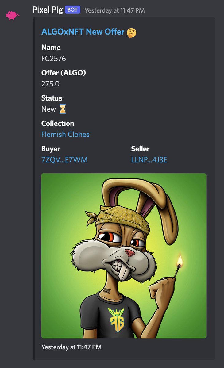 ALGOxNFT's tweet image. 🎊 #Offers Update 🎊

Thanks to the🐰! Coming out strong with their offer game 💪 💰

5d FC Offer Activity
- 100+ offers created
- 8 offers accepted
- 10 offers rejected

#ALGOxNFT Improvements
- Sell-side offer rejection
- Discord offer bot UI

#OfferWatch #AlgoNFT #Algorand