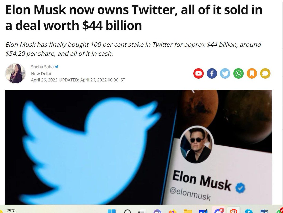 awanishlaw's tweet photo. It's official now, Elon musk now owns twitter.
This has not happened in a day or of month. He had intend to buy twitter in 2017. and look for the right opportunity, which came after 4 years.
Plan for your success and then make it happen.
#ElonMuskBuyTwitter #ICSI #Awanish https://t.co/MQdC994N5s