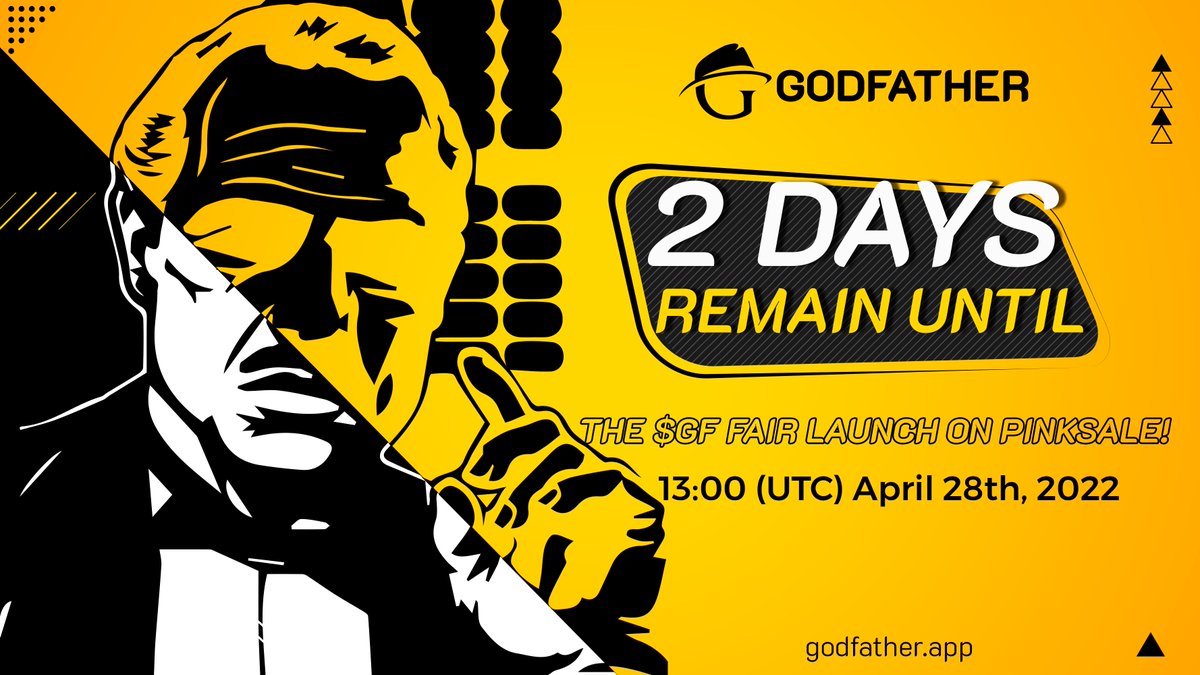 🏵 2 DAYS REMAIN UNTIL THE $GF #FAIRLAUNCH 🏵
Platform: pinksale.finance/#/launchpad/0x…
💧Softcap: 250BNB
💧Start Time:  13:00 (UTC) April 28th, 2022
🩸Note: There is no requirement for whitelisting. First-come first-served basis (FCFS).
#godfather #DeFi