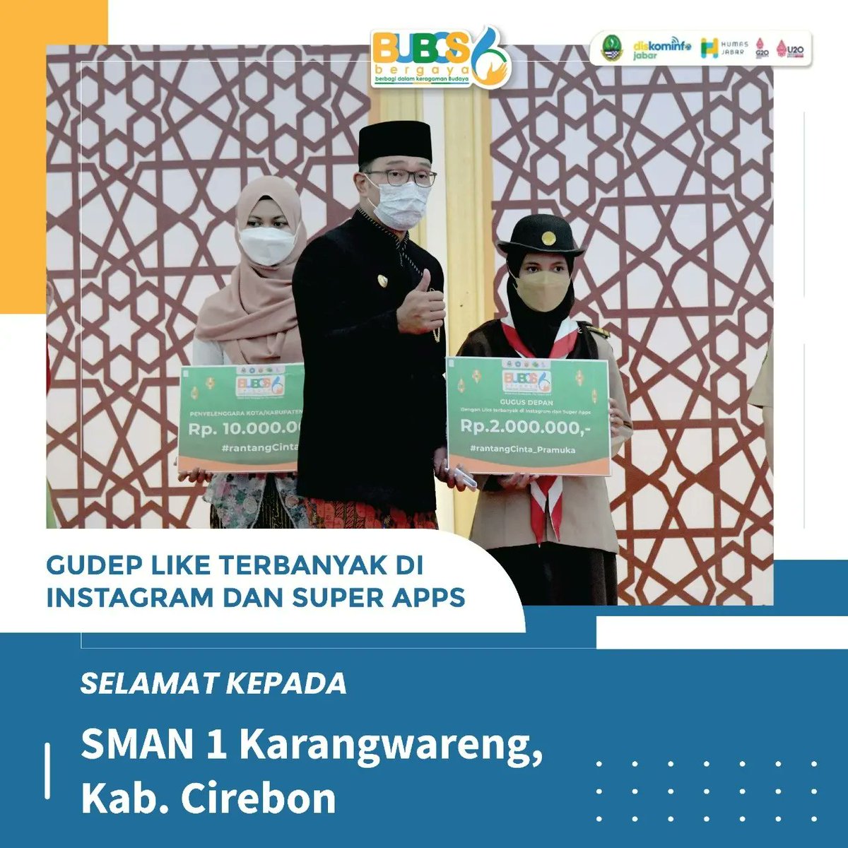 ata_lia's tweet photo. Ini dia para pemenang di rangkaian acara #Bubos6!🥰

Pelaksana terbaik kategori kota/kabupaten:
Kabupaten Bekasi

Pelaksana terbaik kategori GUGUS DEPAN:
SMPN 2 Buahdua, Kab. Sumedang

GUGUS DEPAN dengan likes terbanyak di superapps pramuka:
SMAN 1 Karangwareng, Kab. Cirebon https://t.co/jhZsbOQmgZ