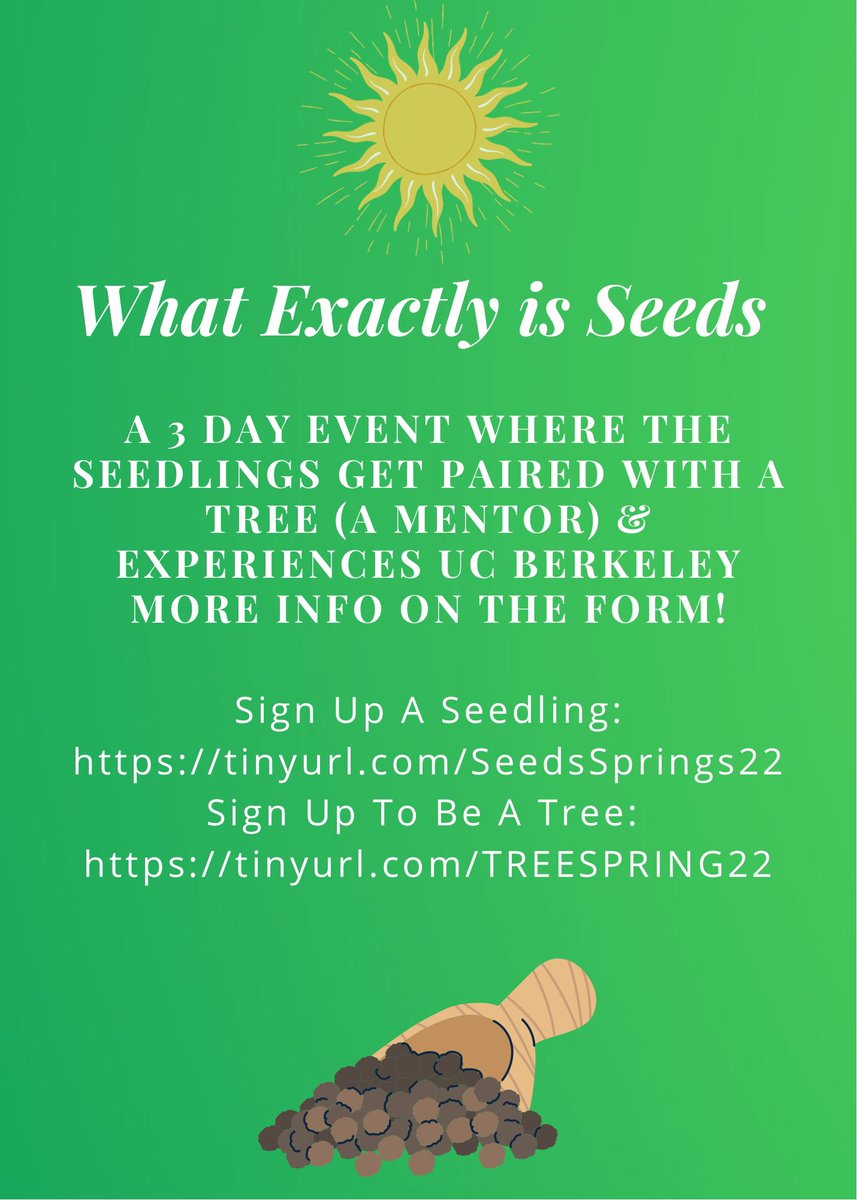 Hey Besties! Friendly Reminder about our SEEDS Event this upcoming weekend!! We would love for you to sign up a seedling or become a Tree 🌱🌳 More Info On The Forms: Seedling: tinyurl.com/SeedsSprings22 Tree(Mentor): tinyurl.com/TREESpring22