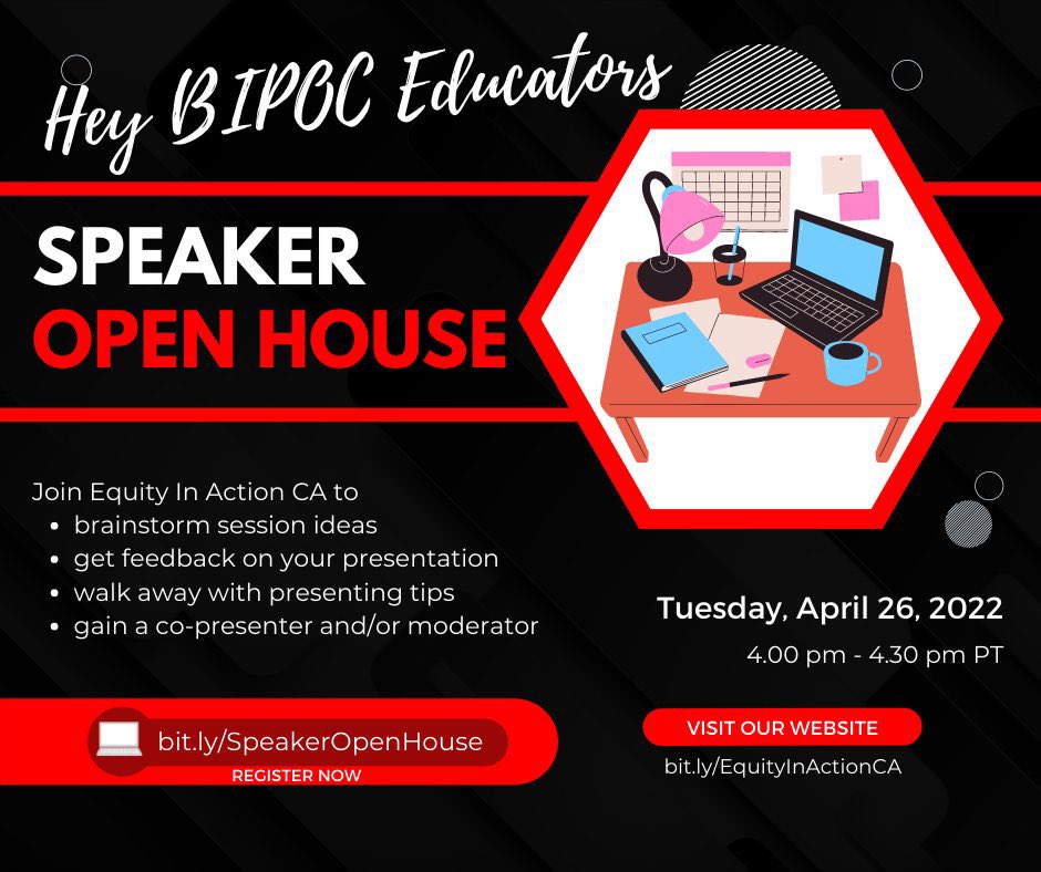 CitiCoach's tweet photo. Conference Proposal Season is upon us & @EquityActionCA wants to help!
Calling all BIPOC Educators who are looking to share their voices in conference spaces.
Join our Speaker Open House to brainstorm, tips, feedback, & more!
Sign up --> https://t.co/KM6v9OpRYv
#BIPOCEducators https://t.co/2NWiOq97UK