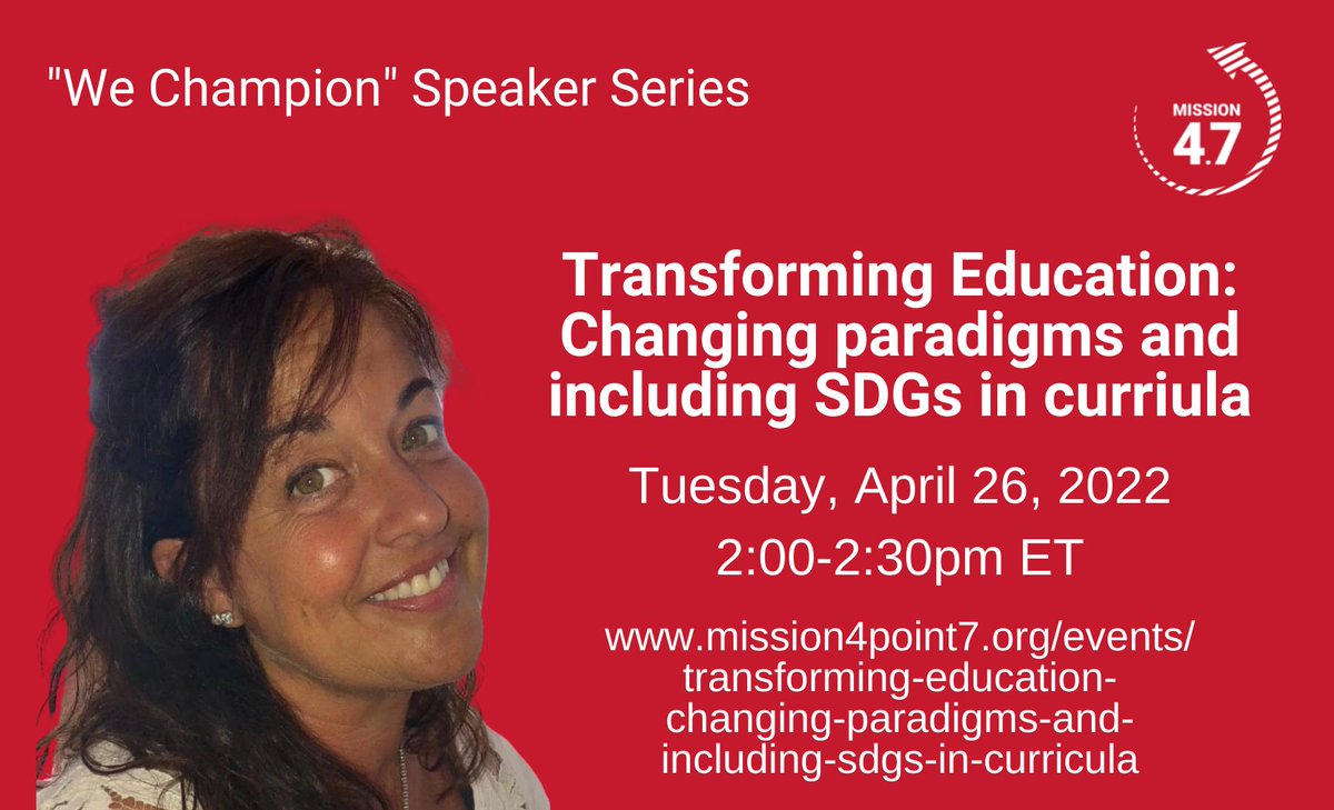 Don't forget! <a href="/SDGsInSchools/">Global Schools Program</a> Advocate Marcela Alejandra Villán (<a href="/marcelavillan1/">Marcela Villan♥️#T4countryambassador</a>) is speaking TODAY at 2pm ET as part of our #WeChampion series. Join us to learn about her work integrating the #SDGs into English classes in Argentina.🇦🇷
👉mission4point7.org/events/transfo…

#Mission4point7