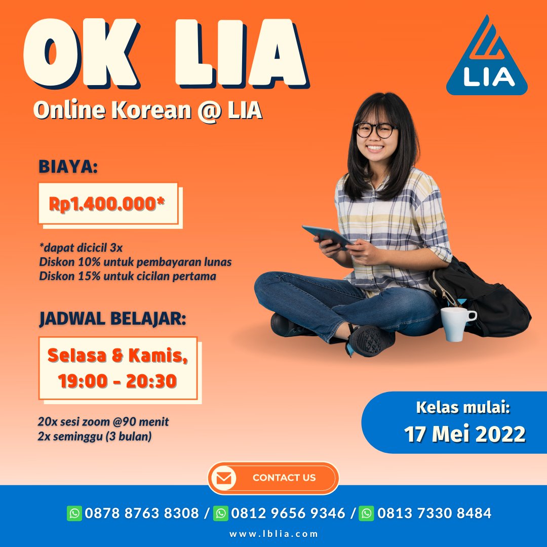 LBLIA_Pusat's tweet photo. 안녕하세요~
Kamu sedang mencari kelas bahasa Korea online?
OK LIA (Online Korean @ LIA) membuka pendaftaran untuk Mei 2022.
우리 같이 공부합시다!
#kursusbahasakoreaonline
#kursusbahasakorea
#kursusonlinebahasakorea
#lesbahasakoreaonline
#lesbahasakorea
#koreanlanguagecourse https://t.co/Cp1DRw2ixQ