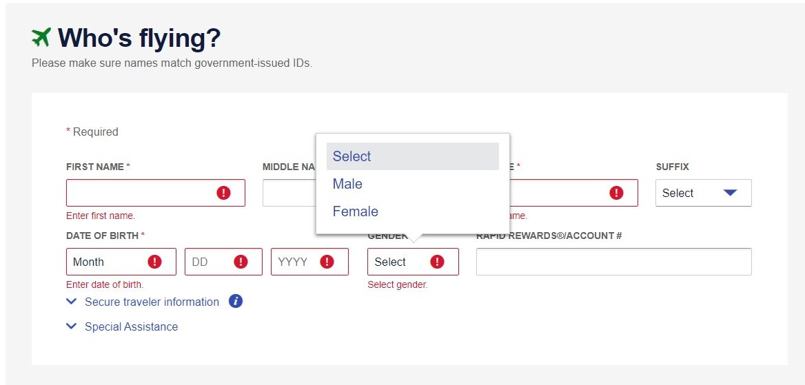 corpse_woods's tweet photo. Not sure if this is all airlines (probably) or just @SouthwestAir. I would love to indicate the X gender marker that appears on my *government issued* ID but I CAN'T because they don't provide that option. https://t.co/jHRtoNU92K