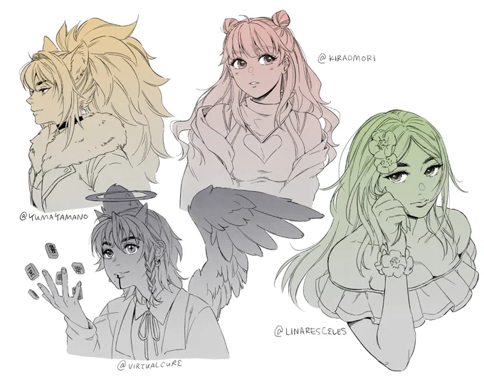 drew some indie vtubers today! ✨ clockwise from top left: @/YumaYamano @/KiraOmori @/LinaresCeles @/virtualcure 