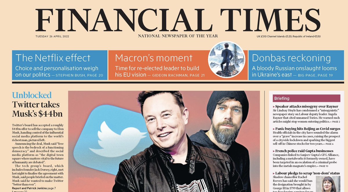 #ElonMusk si è comprato #Twitter sborsando 44 miliardi di dollari. La notizia è in apertura del <a href="/FinancialTimes/">Financial Times</a>