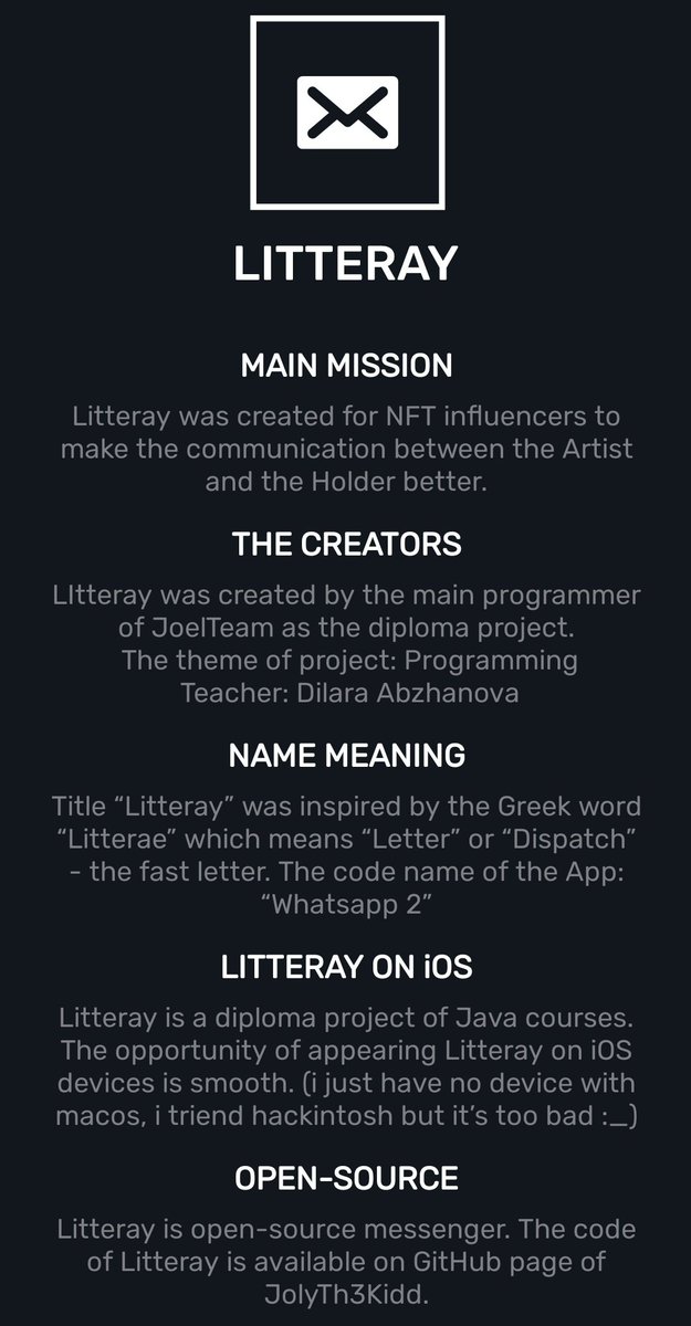 JoelBuilds's tweet photo. Litteray, the messenger for #NFTCommunity

We've been making this project for 2 months. We will post the release date soon.

It was just a diploma project but it has grown into a real project which has the future.

#NFT #ETH #BTC

@elonmusk is Twitter's owner now. https://t.co/hYevMJZqR4
