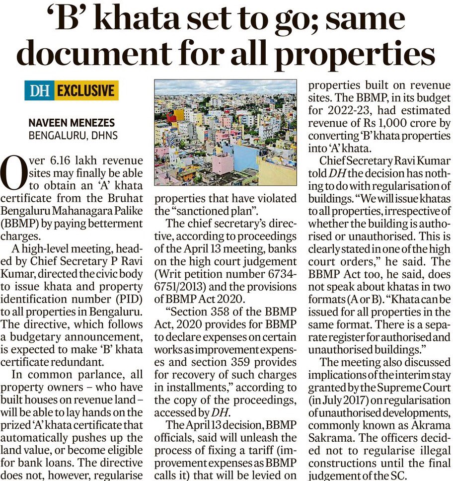 naveenmzs's tweet photo. ‘B’ Khata is likely to be redundant. A high-level meeting, headed by CS P Ravi Kumar, decided to issue Khata and PID numbers to all properties including revenue sites by charging improvement expenses or betterment fee. 

There are 6.16 lakh revenue sites in Bengaluru. https://t.co/jWvOUQC668