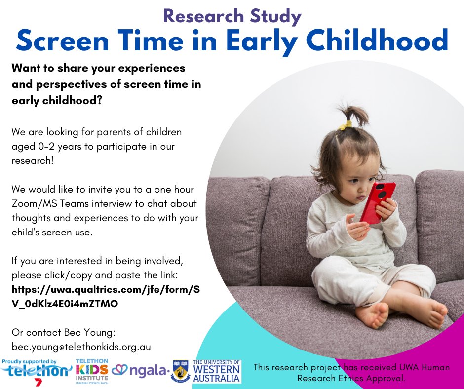 We're seeking parents of 0-2yr old's for an 1hr online interview to discuss #screentime in their family. You will be reimbursed a $30 Coles/Myer voucher for your time. Follow the link: uwa.qualtrics.com/jfe/form/SV_0d… 
Please share w/ your networks. <a href="/telethonkids/">telethonkids</a> <a href="/amyfinlayjones/">Associate Professor Amy Finlay-Jones</a>