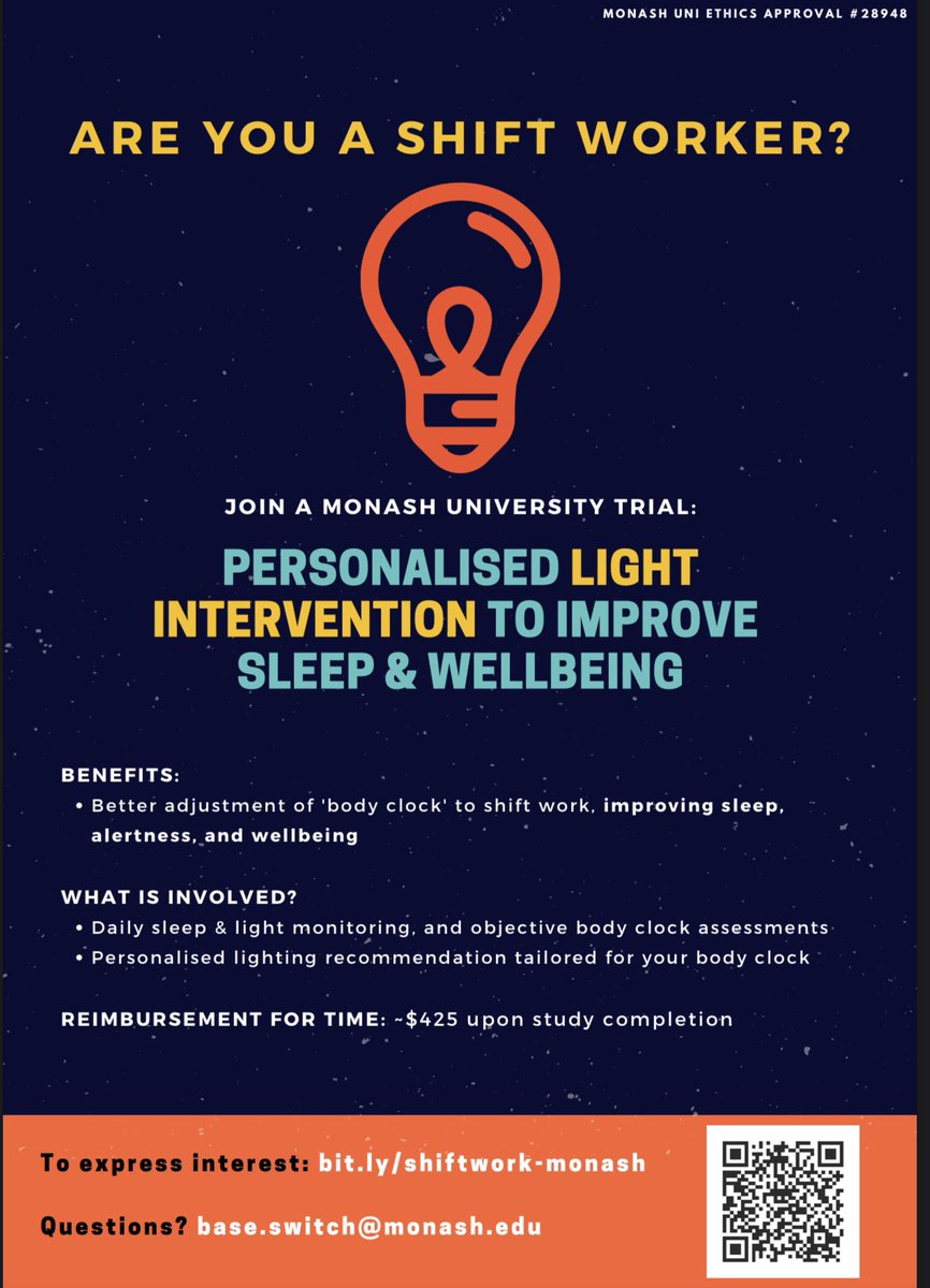 Prerna Varma, PhD (@pvarma_sleep) on Twitter photo Are you a shift worker wanting to improve sleep and well-being?
Study alert 🚨
<a href="/MonashSleepLab/">MonashSleepLab</a> is recruiting shift workers to try personalised light interventions. Details 👇
Please share or email base.switch@monash.edu Are you a shift worker wanting to improve sleep and well-being?
Study alert 🚨
<a href="/MonashSleepLab/">MonashSleepLab</a> is recruiting shift workers to try personalised light interventions. Details 👇
Please share or email base.switch@monash.edu