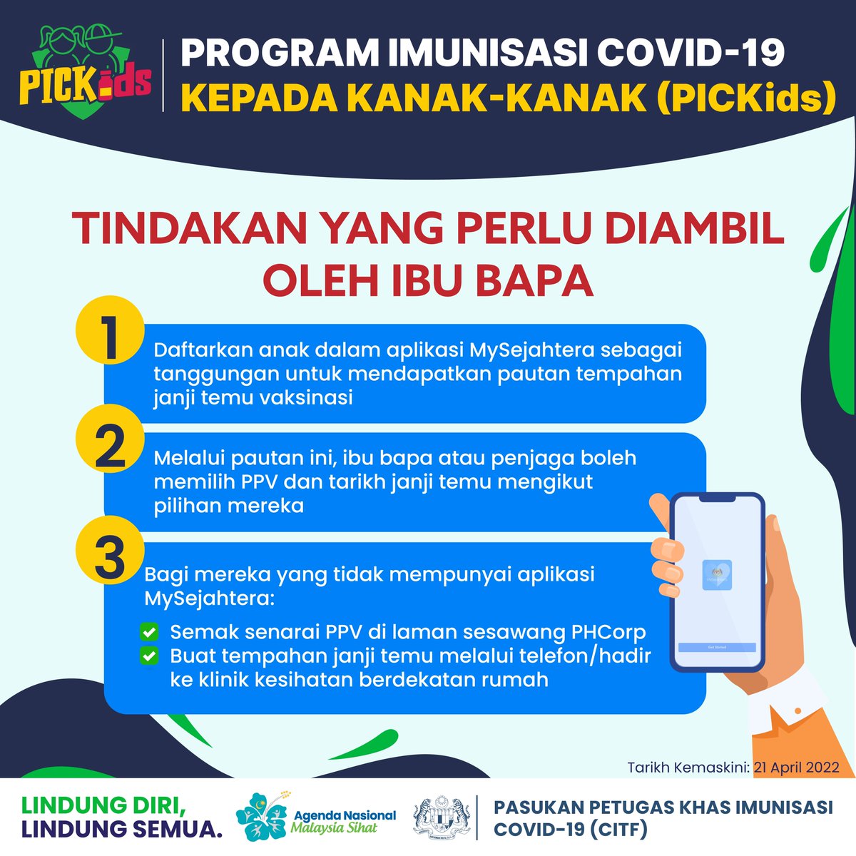 Tarikh akhir pemberian Dos 1 vaksin COVID-19 di bawah PICKids adalah pada 15 Mei 2022. Dikongsikan tindakan yang boleh dilakukan oleh ibu bapa bagi mendaftarkan anak-anak dalam program vaksinasi ini. #PICKids #LindungDiriLindungSemua