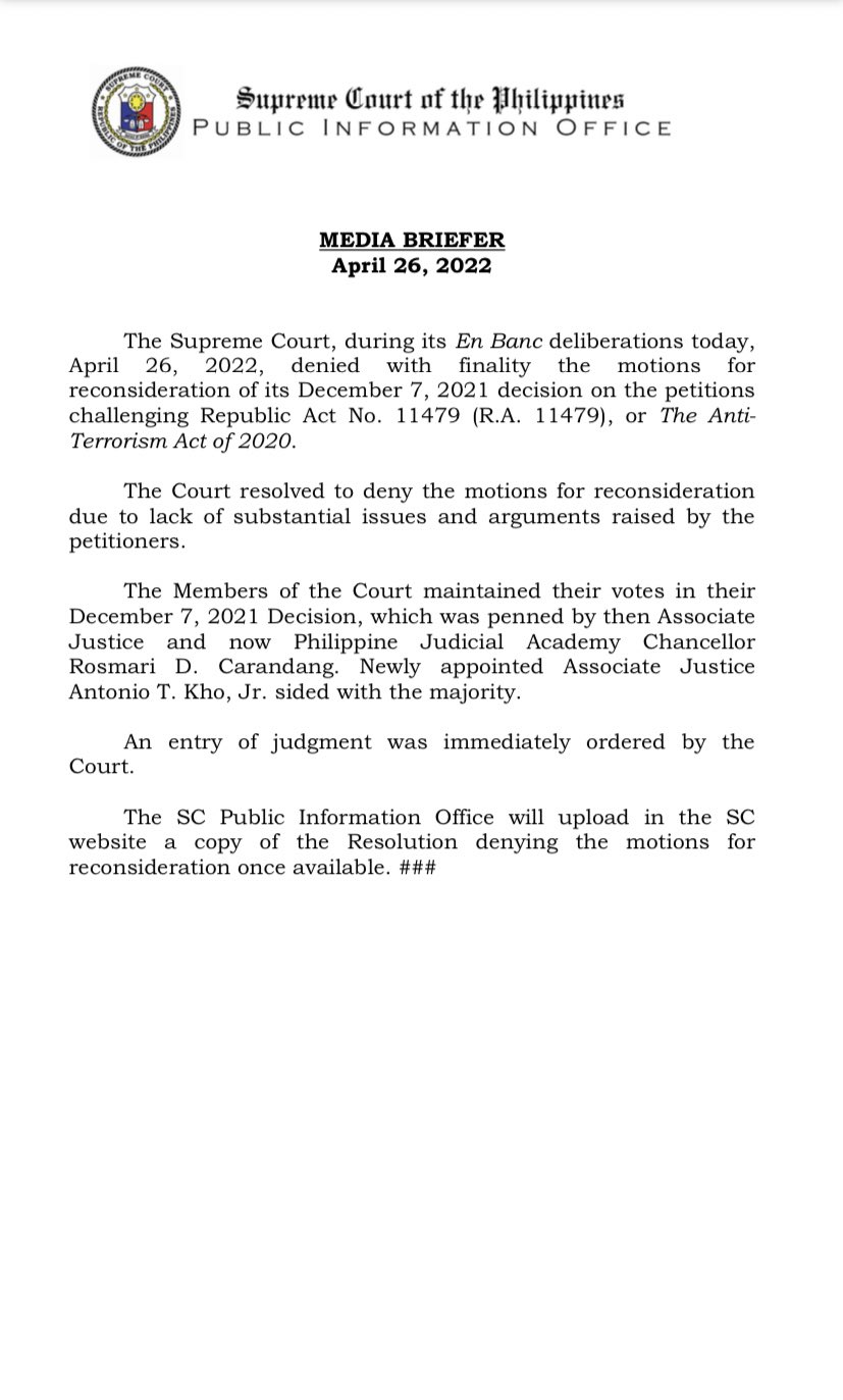 on Twitter "JUST IN Supreme Court en banc denied with