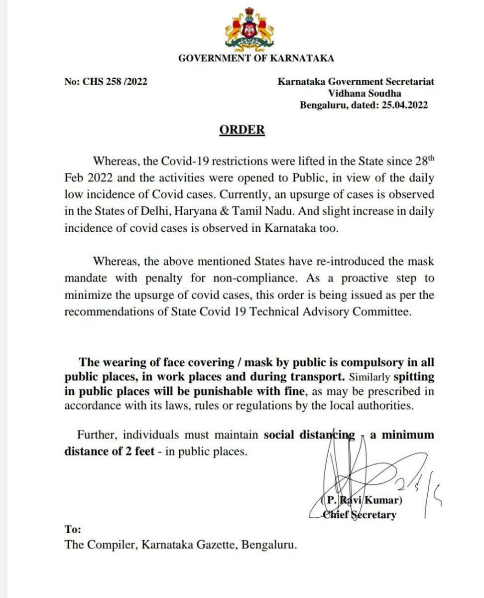 #Covid-19 protocol in place, all over again! #govt of #karnataka has released a notice stating mandatory masking up and social distancing! https://t.co/wMSm8NbEh8