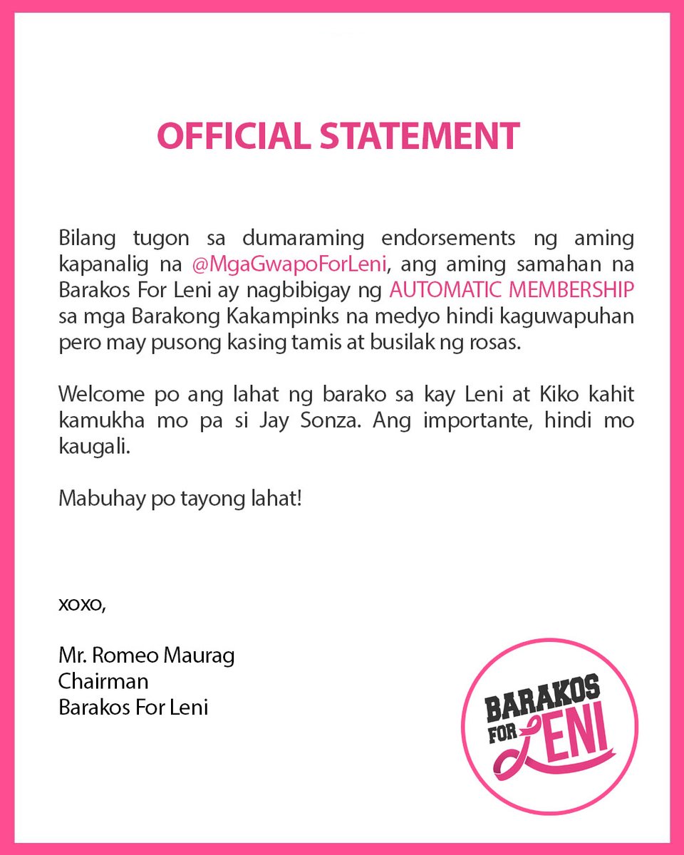 BarakosPH's tweet image. OFFICIAL STATEMENT sa dumaraming endorsements ng @MgaGwapoForLeni.

#BulacanIsPink
#LeniRobredo2022 
#KikoPangilinan2022