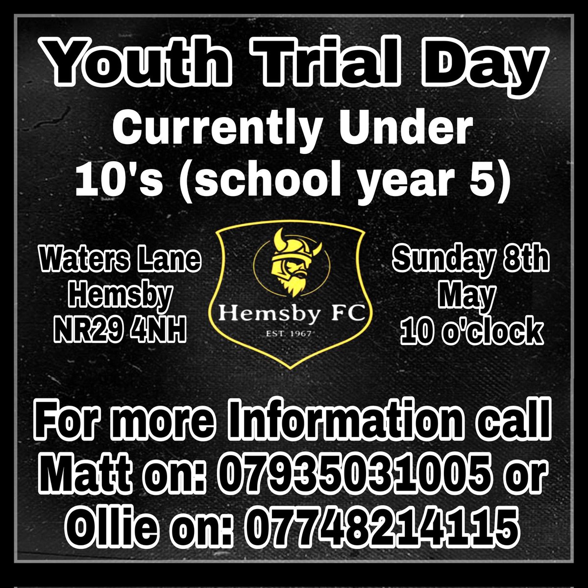 After a very positive season on the pitch Hemsby Under 10's (upcoming season under 11's) are having a trial day.

As we move from 7 a side to 9 a side we are looking for more players to join our friendly team.

Sunday 8th May 
10 o'clock 
Hemsby playing field

Details below.