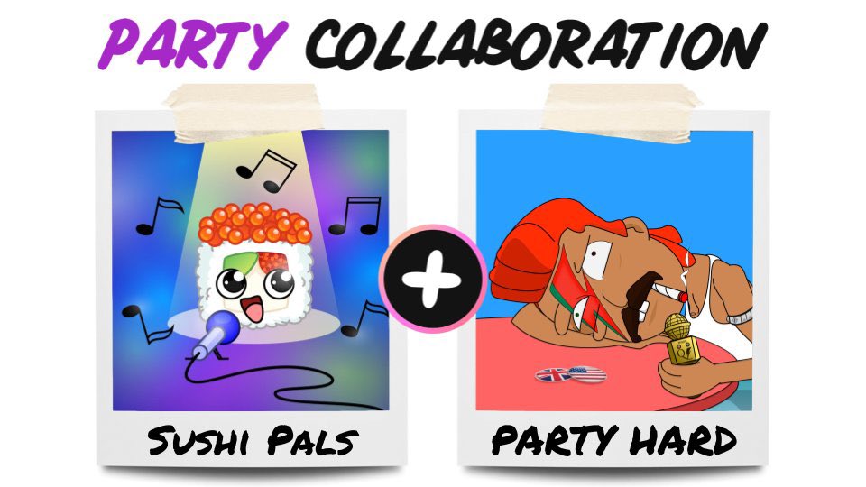 🎉 Sushi Pals X Party Hard🎉

#NFTGiveaway prizes:
🏆 5x presale spots for both!

1️⃣ Follow 
<a href="/SushiPalsNFT/">Sushi Pals NFT | Launching soon...🍣</a> &amp;
<a href="/PartyHardNFT/">PARTY HARD</a>
2️⃣ ❤️&amp; RT
3️⃣ Tag NFT frens

⏰ 24 HR - 5 Winners

Good luck!
#NFT #NFTart #NFTs