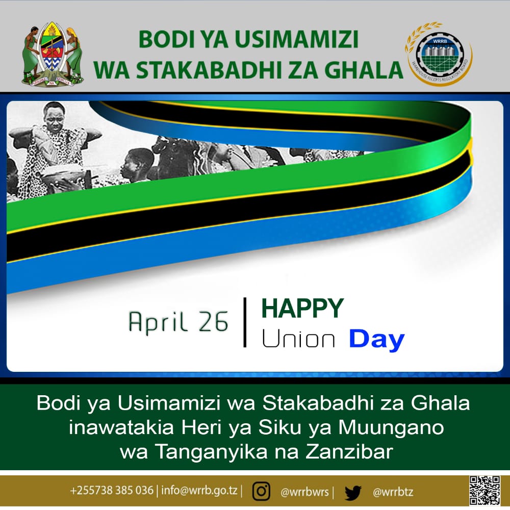 HERI YA MIAKA 58 YA MUUNGANO.

Bodi ya Usimamizi wa Stakabadhi za Ghala (WRRB) Inawatakia Watanzania wote Heri ya siku ya Muungano wa Tanganyika na Zanzibar. 

#Stakabadhi_Ghalani 
#WRRB_2022 
#kazi_iendelee🇹🇿 
#Happy_Union_Day