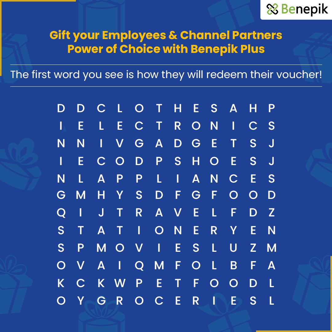 BenepikPlus's tweet photo. The only thing you need to gift is the Gift of Choice!
Comment the first word you see and thatโs how your people will redeem their gift.
#benepik #powerofchoice #rewardsandrecognition #instantrewards #instantredemption #benepikplus #giftvoucher #wordpuzzle #employeerewards https://t.co/so3rq0tJxe