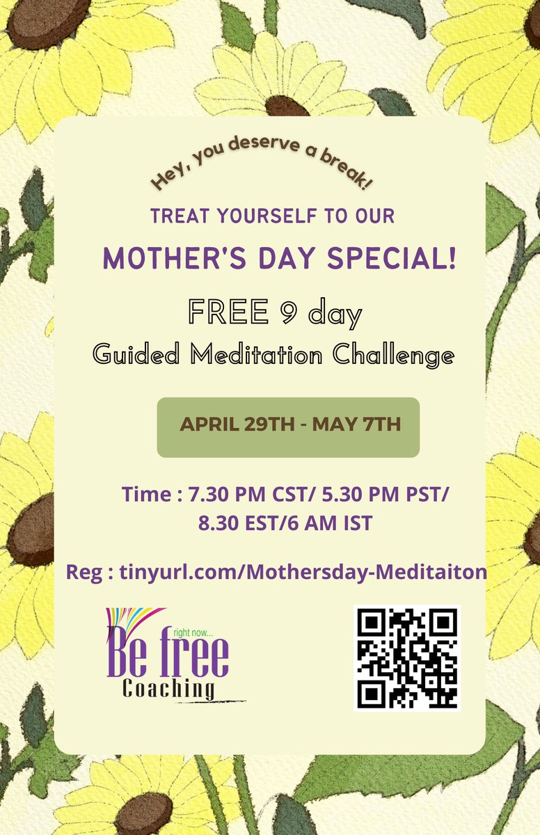 BeFreeNowCoach's tweet photo. Hello dear ones, don't you all think you deserve a break for Mother's Day??
Why to wait join...our FREE 9 Day Meditation Challenge. 
For more info reach out to : befreecoaching@gmail.com
Reg : https://t.co/c4qorOYYlD https://t.co/JuwE27XYIR