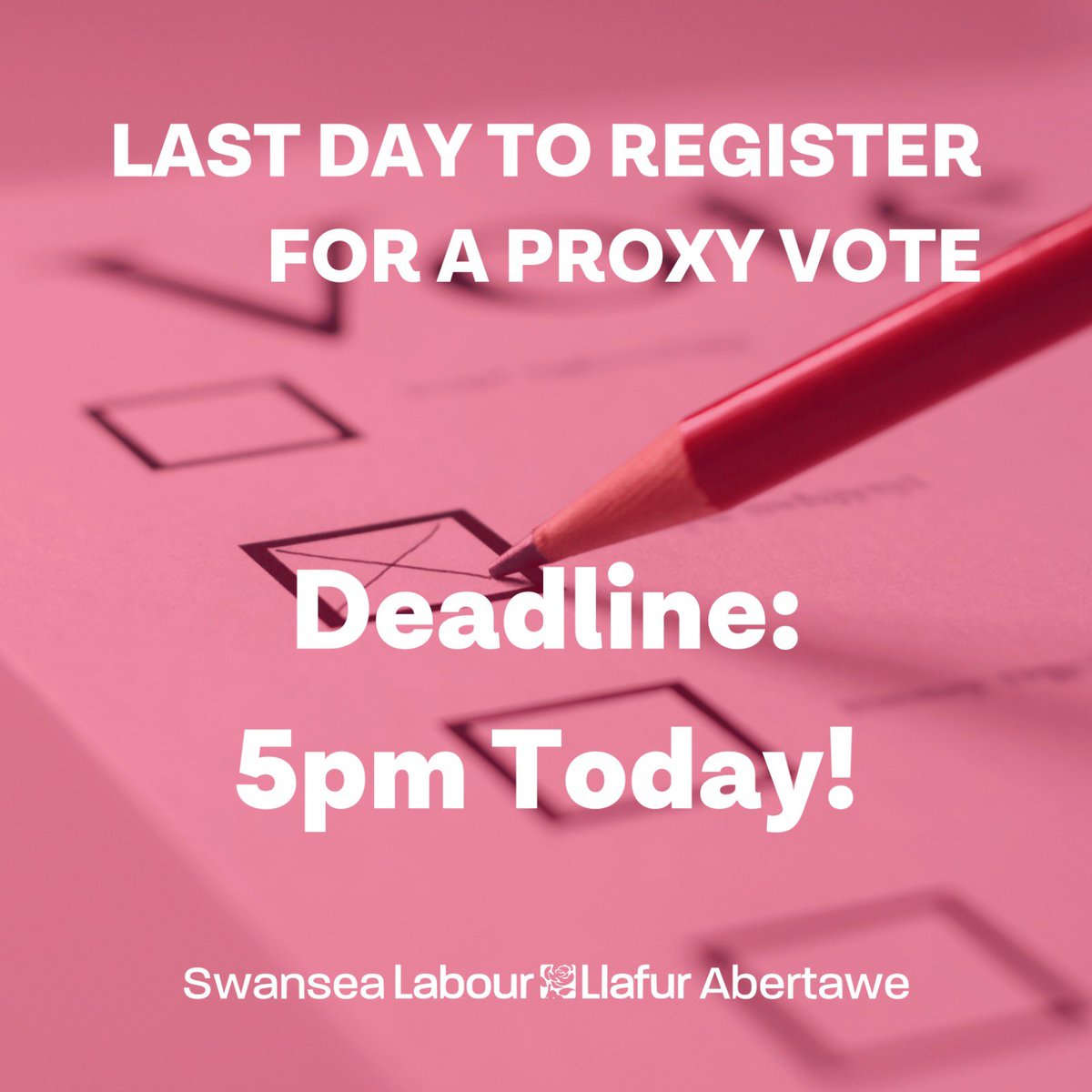 Not going to be here on polling day? Today is the last day to register for a proxy vote! 🗳 You have until 5pm today to sort out your proxy vote. Visit swansea.gov.uk/article/14257/… for more information #localelections2022 #BuildingABetterSwansea