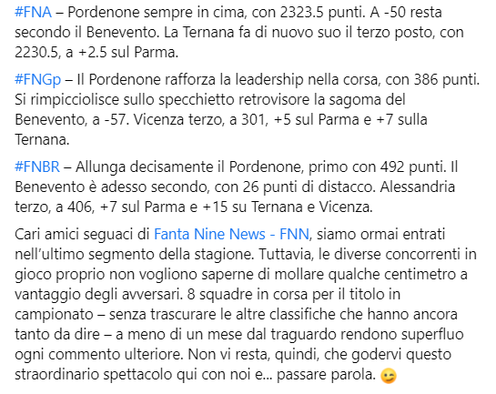 fanta9news's tweet photo. I risultati della 32^ giornata del #fantacalcio di #Fantanine: #FNL (Campionato), #FNA, #FNGp e #FNBR.
La classifica si è resa più semplice?
+++ SPOILER +++
No.
#FantaSerieBKT https://t.co/CqvvqxVDQA