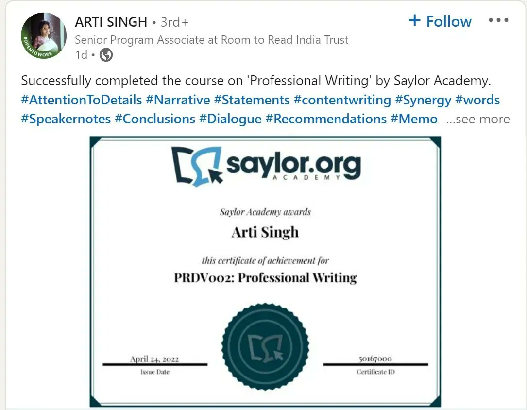 saylordotorg's tweet photo. Well done Arti! Celebrating student achievement from #India. Our proud Saylor graduates continue to share their successes &amp; we're loving it! 🎉 Learn new skills today that you can use tomorrow. Sign up here👉https://t.co/zahbYyShgS #LifelongLearning #SDG4 #ProfessionalDevelopment https://t.co/Hw1CR5Xxxx