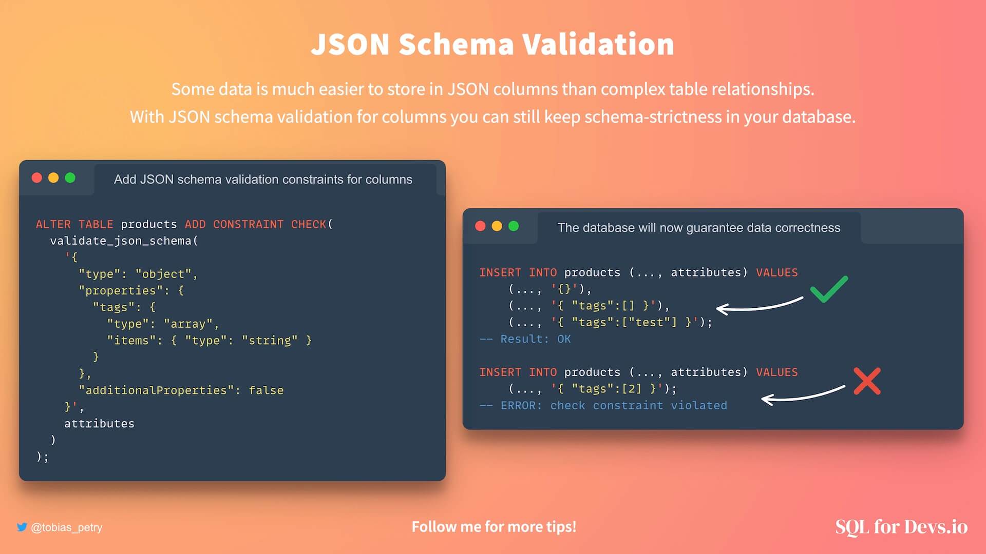 You can validate JSON columns at the database level
