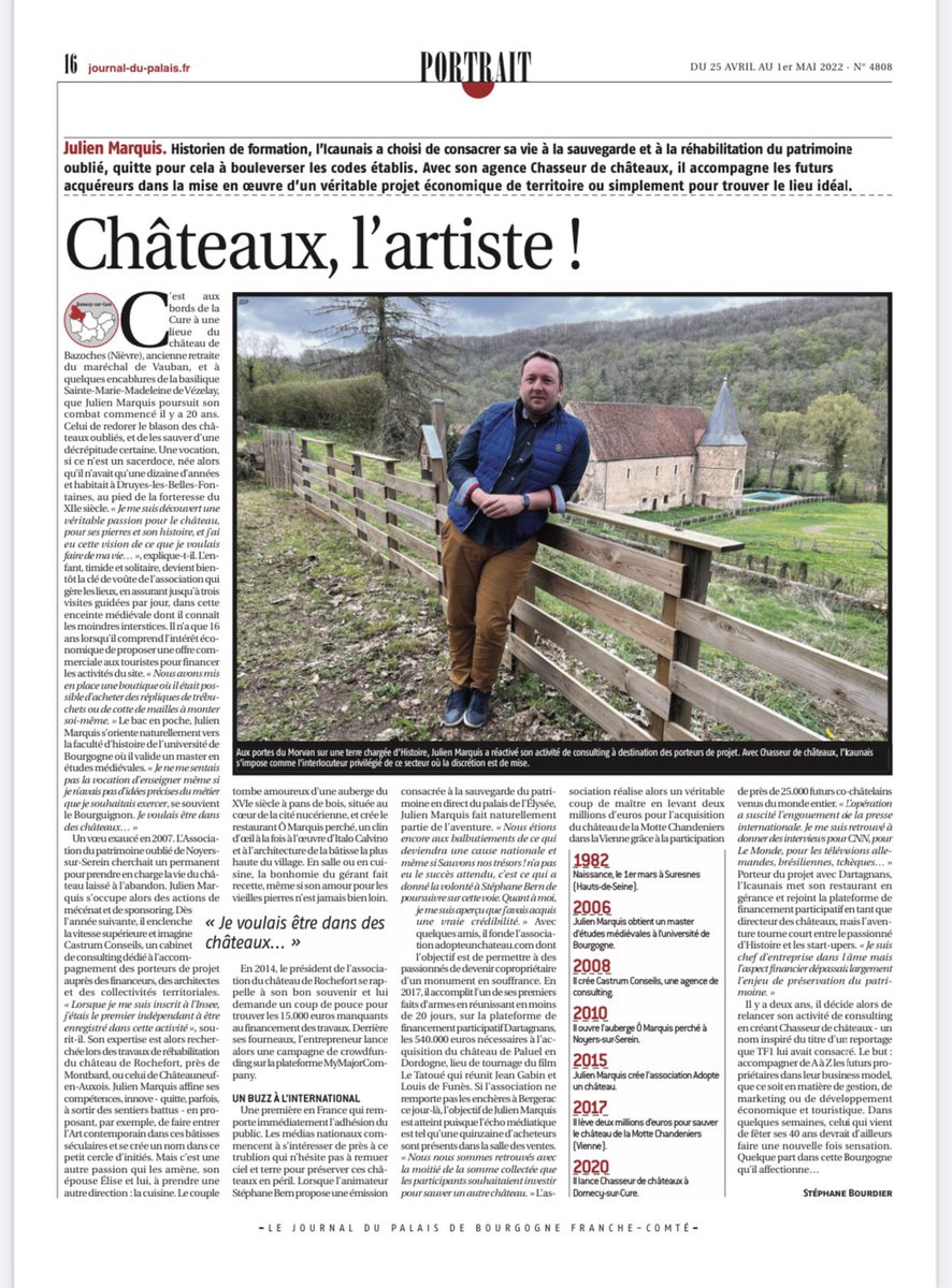 🔴 [PRESSE] Merci au Journal du Palais pour ce portrait. <a href="/JournalduPalais/">Le Journal du Palais</a> 

Très heureux de faire découvrir mon parcours et mes projets… 

👉 Pour lire l’article : journal-du-palais.fr/IMG/pdf/4808.p… 

#passionpatrimoine #chasseurdechateaux