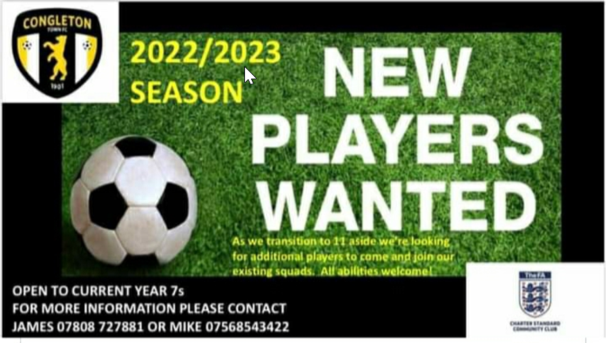 Congleton Town FC Juniors U12s teams are currently looking for new players for next season when they move up to 11 aside.  All abilities welcome!