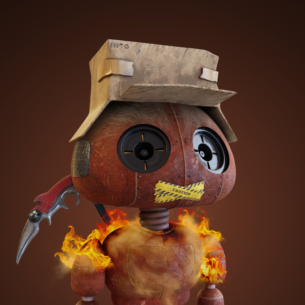 👤 Skin: Rusted
🥋 Outfit: On Fire
👀 Eyes: Socket
👄 Mouth: Caution
🧢 Headset: Cardboard
🧹 Tool: Reaper
🎆 Background: Dark Orange
