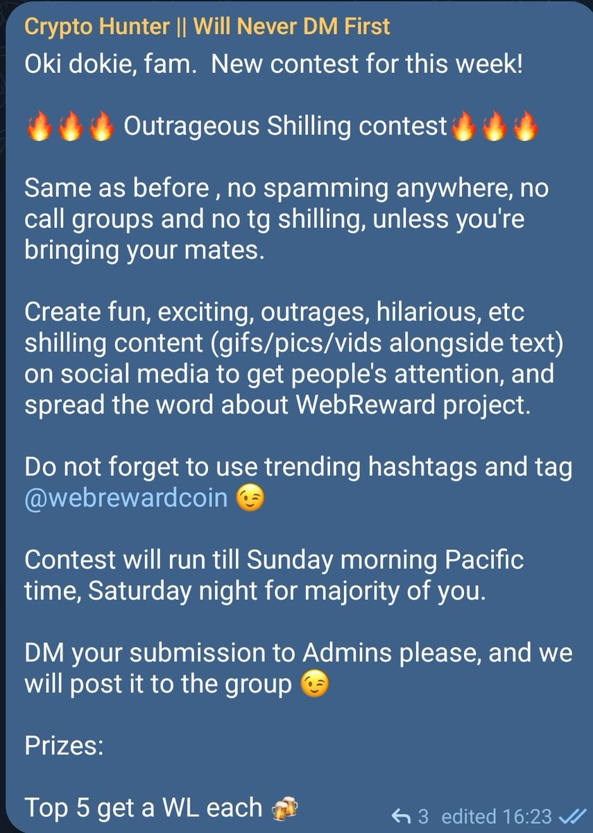 Crypto_Lex36's tweet photo. 💥WL contest @WebRewardCoin ! Details in the pic below 😉💥
🔥Be outrageous, be fun, be creative ! Let's rock this space 🔥
Join our #WebRewardFamily at:
Telegram: https://t.co/qWV0BP8P7S
#Whitelist #Giveaways #BSC #Crypto #100xgem #Reward #LFG #Cryptos https://t.co/Hf6ymA2nrg