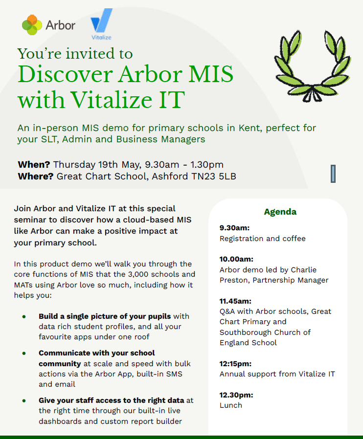 VitalizeIT's tweet photo. We are excited to be in Ashford, Kent on 19th May 2022 with @ArborEdu, Great Chart and Southborough C of E Primary schools to demo Arbor MIS. If you are planning to move to the fastest growing cloud-based MIS please register to come along. 
https://t.co/BJrlgI6DwZ

#schools https://t.co/NimmqIesUx