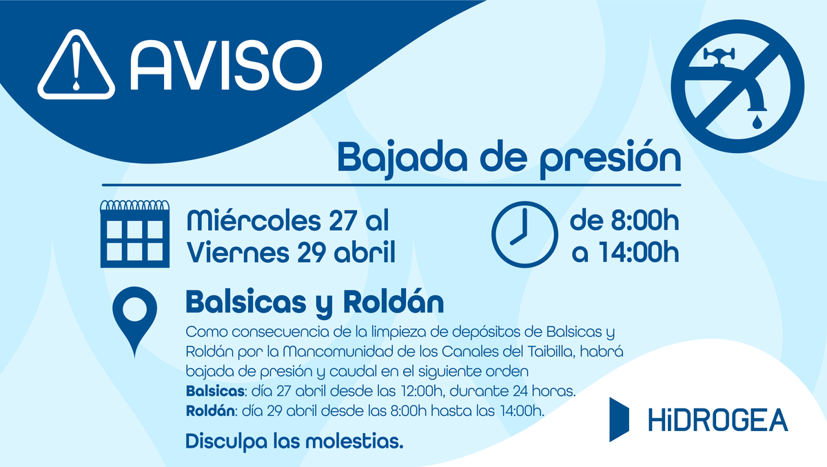 veolia_rmurcia's tweet photo. ⚠️AVISO 
Debido a limpieza de depósitos de Balsicas y Roldán por la Mancomunidad de los Canales del Taibilla, habrá bajada de presión y caudal en:

📍Balsicas ➡️ Miércoles desde las 12h hasta jueves a las 12h

📍Roldán ➡️ Viernes desde las 8h hasta las 14h 
Disculpa las molestias https://t.co/J3dQ0obmNu