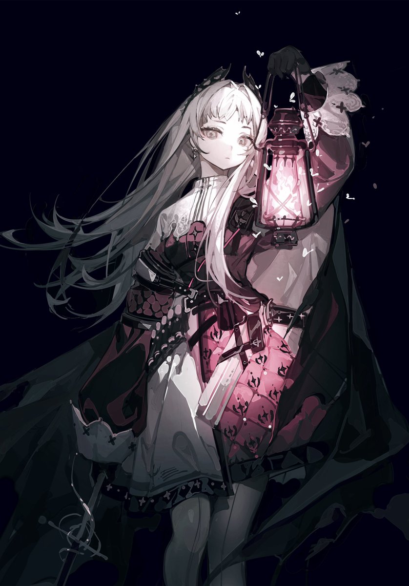 irene (arknights) 1girl solo holding lantern lantern black background long hair holding  illustration images