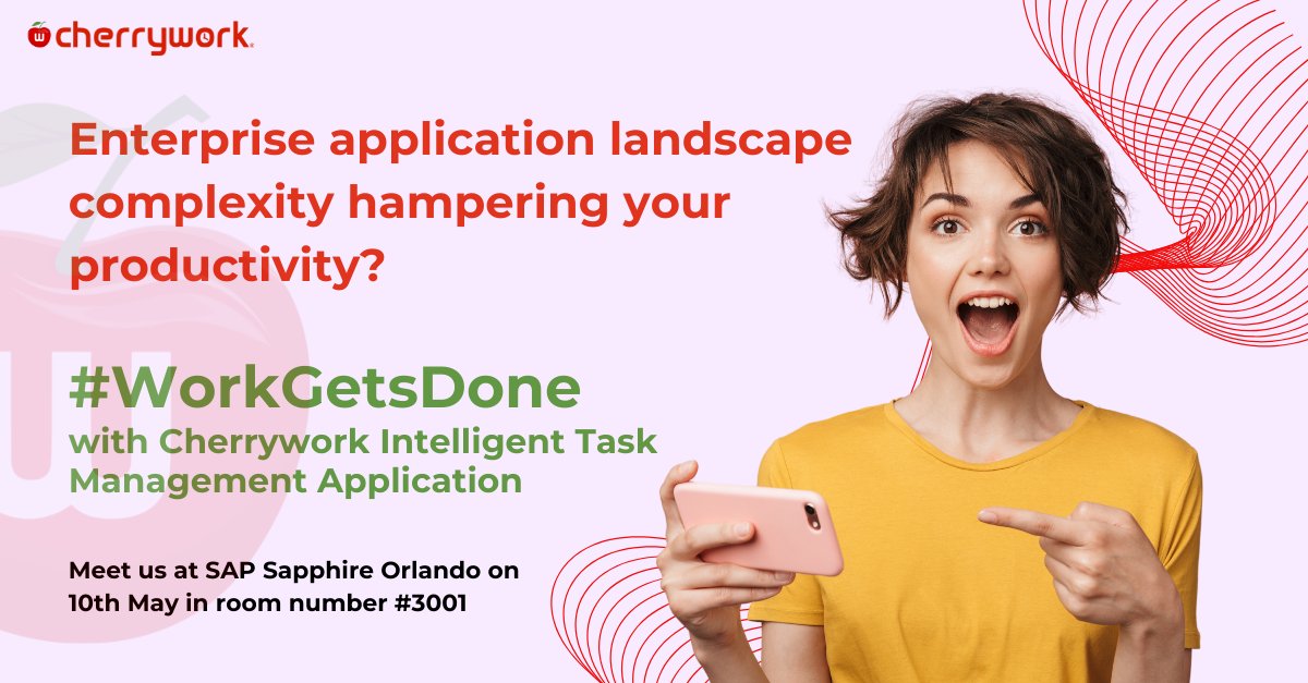 Cherrywork1's tweet photo. Meet us at SAP Sapphire Orlando on 10th May to learn more about how #Cherrywork Intelligent Task Management ensures #workgetsdone quickly and swiftly.
Register now: https://t.co/SSsSEw8pjG
#InctureAtSAPSapphire #SAPSapphireOrlando @incture @SAPSapphire #sapbtp https://t.co/BrUV9hSBv1