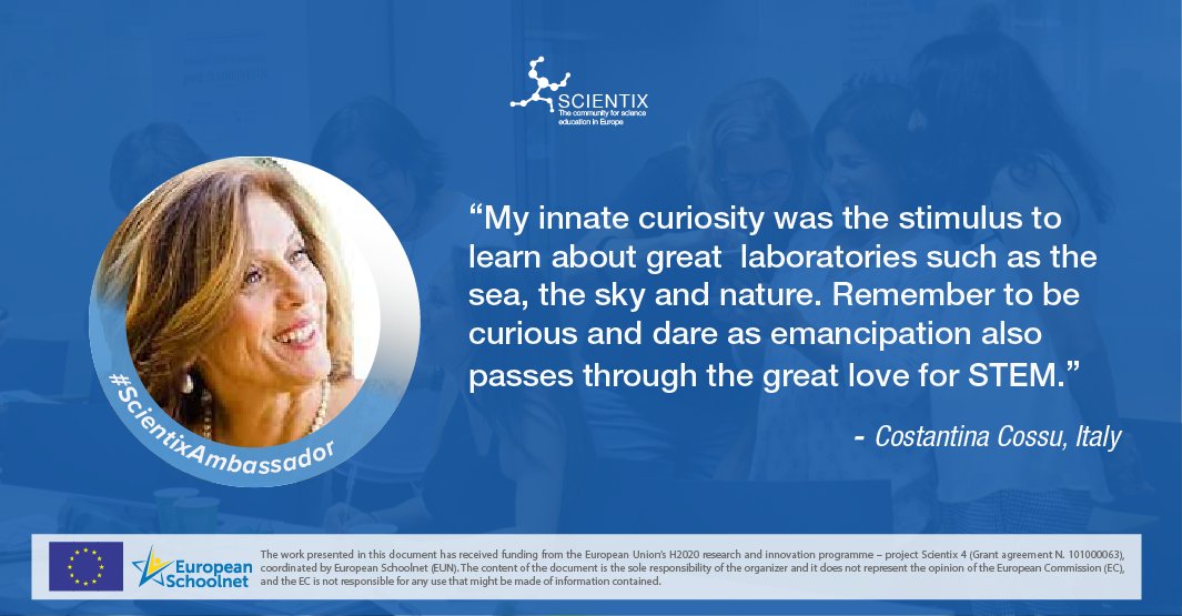 scientix_eu's tweet photo. 1⃣ We start today's #ScientixAmbassadorVisibilityCampaign round with Costantina Cossu (@trttola58), a secondary school #teacher in Italy
👩‍🏫 Costantina reminds us that, in STEM and its education, it is important to keep being curious and daring 🔥 https://t.co/ouFtFDIX7I