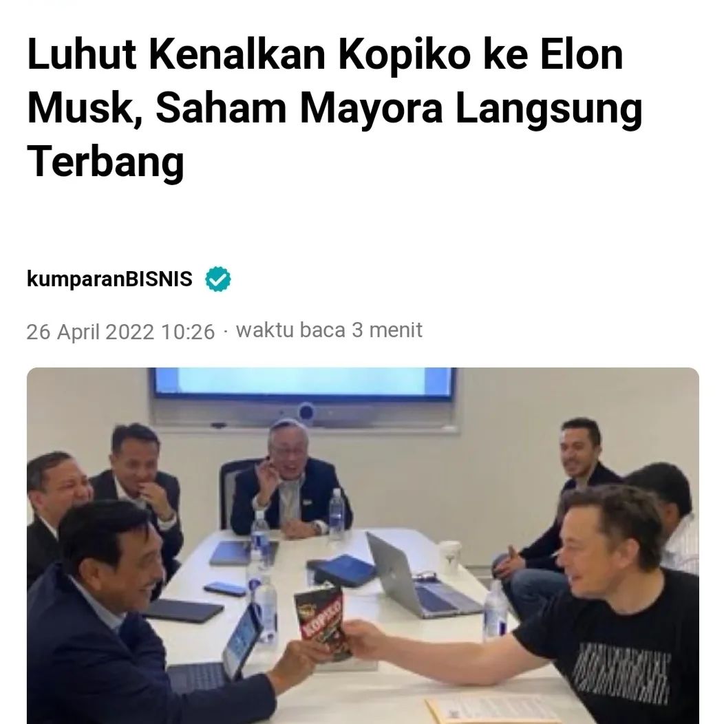 yuswohady's tweet photo. KOPIKO
&amp; ELON MUSK

Kopiko hadir di tengah pertemuan Menkomarves Pak Luhut dengan Elon Musk di AS.

Momen ini viral dan menjadi perhatian publik karena seperti banyak orang tahu Kopiko merupakan salah satu brand lokal milik Mayora. https://t.co/JC2jsD3iO9