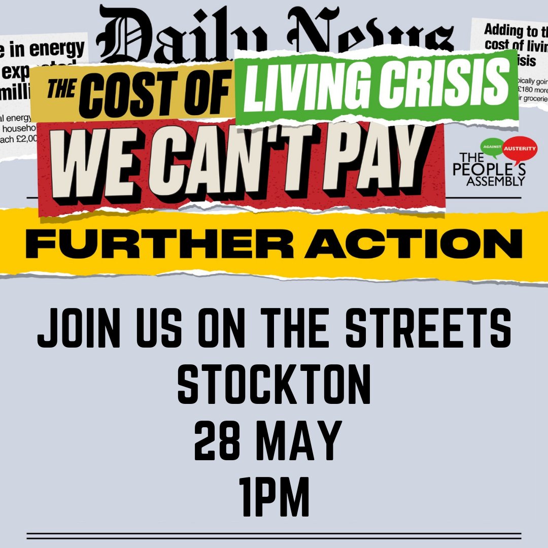 TeessidePA's tweet image. Date for your diary: Teesside People's Assembly's next demonstration will be taking place in Stockton on 28th May. 
More details coming soon.