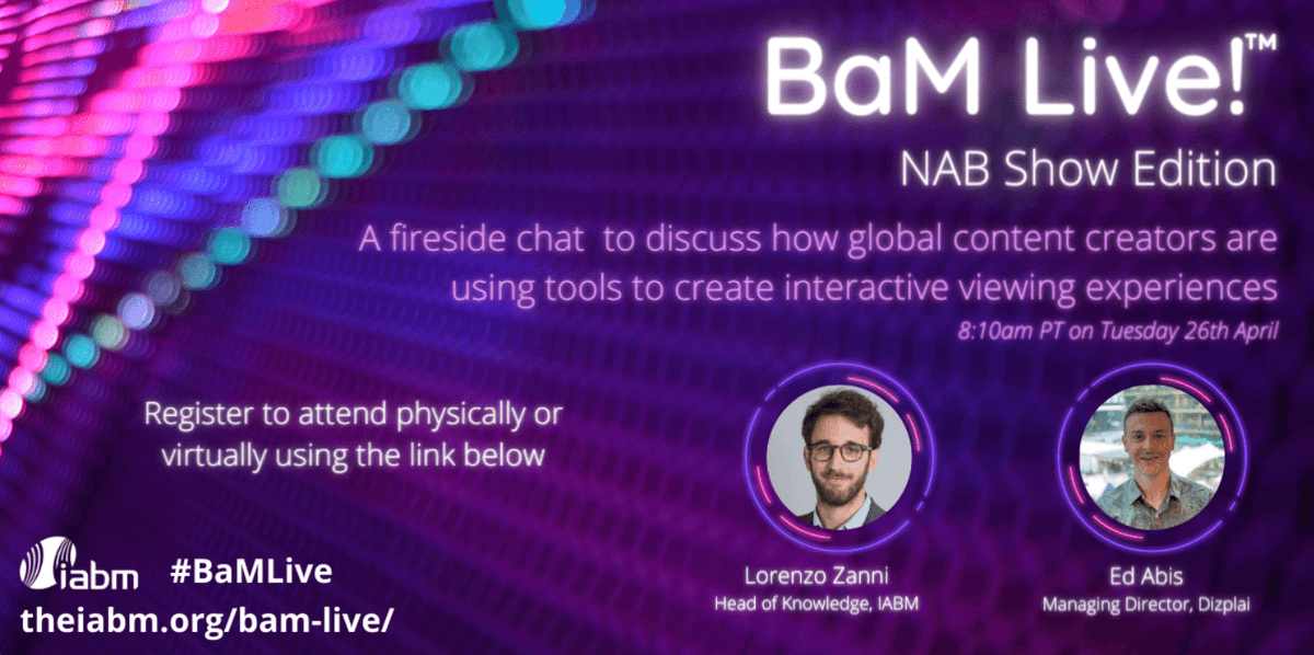 Dizplai's tweet photo. โ๏ธ 20 minute countdown!
Weโre going live at 4.10pm BST / 8.10 am PST on the #BaMlive platform.
Join @edabis1977 for a fireside chat as he delves into how global content creators are creating successful interactive viewing experiences.
Watch online๐ https://t.co/brhR38nT0T https://t.co/p4SzPigkiv
