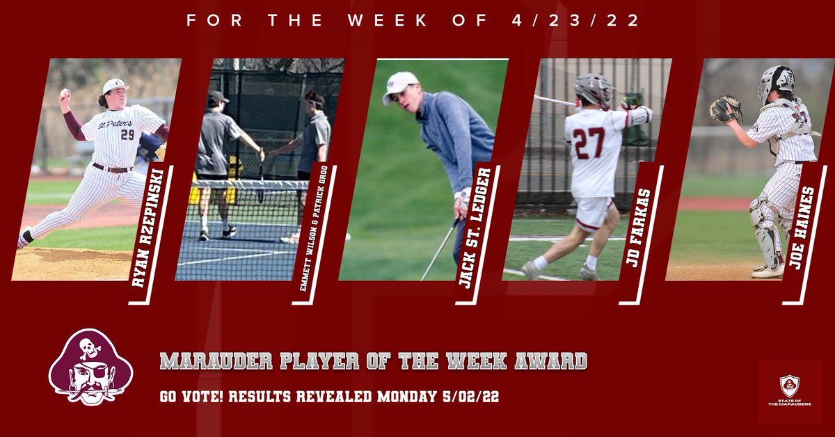 SOTMarauders's tweet photo. Vote For The Marauder Of The Week

• @ryan_rzepinski_ of @SPPBASEBALL
• Emmett Wilson and Patrick Groo of #SPPTennis
• Jack St. Ledger of @SPP_Golf
• JD Farkas of @sppreplacrosse
• Joe Haines of @SPPBASEBALL

The polls are open until 4/30 at 11:59PM. Vote at link on profile. https://t.co/9jYiVbDlzP