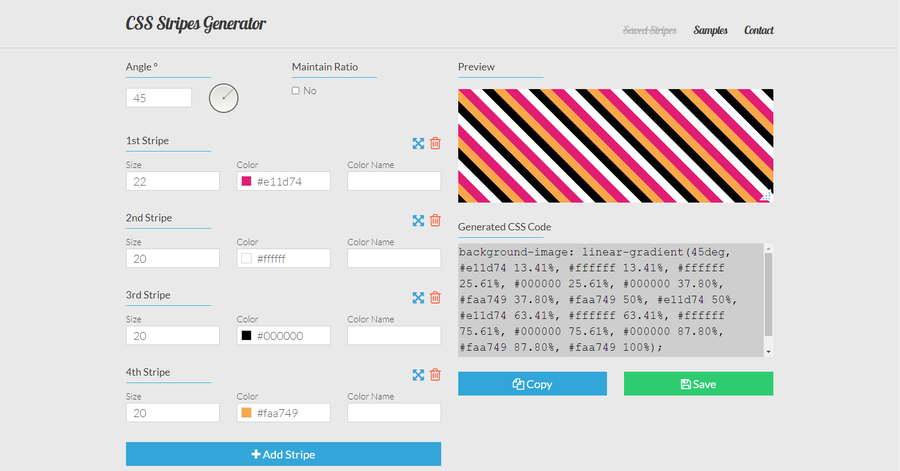 Home page of CSS Stripes generator.