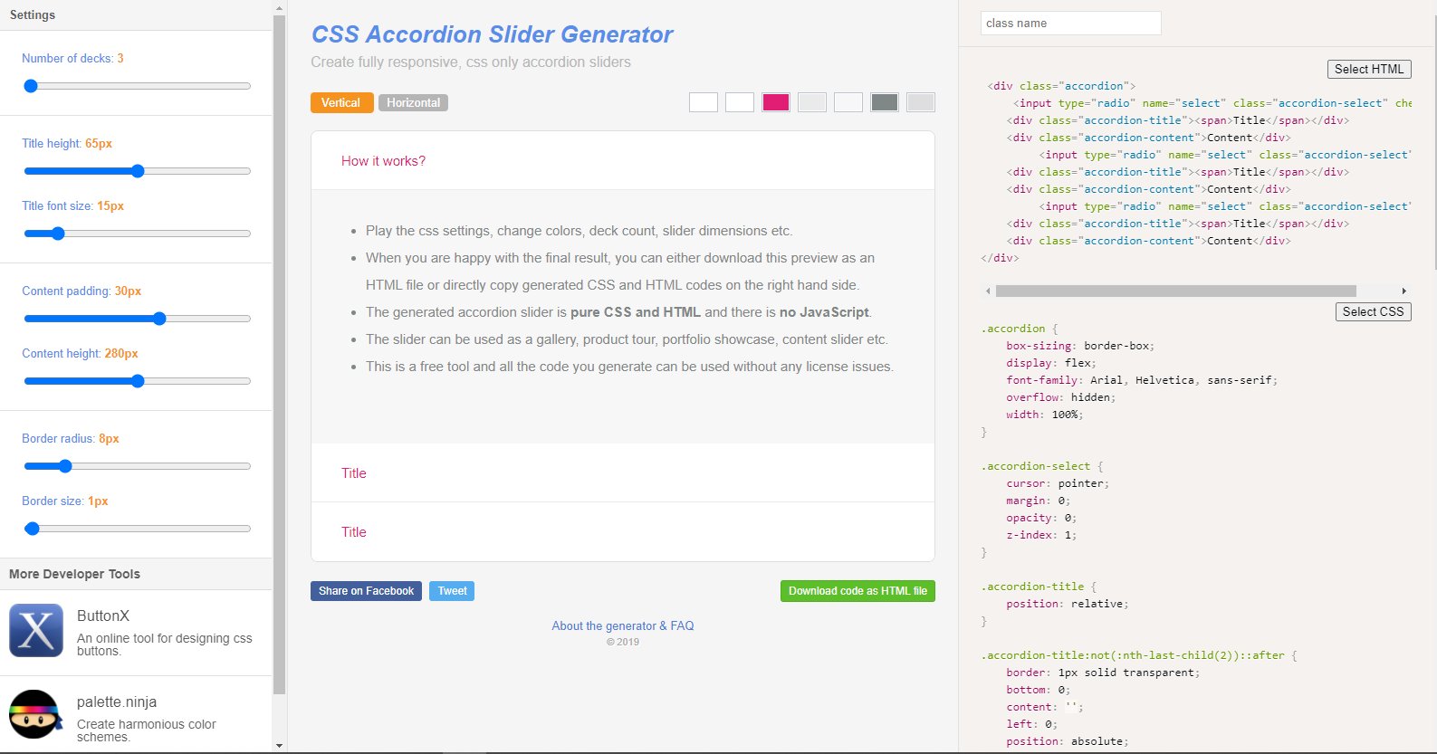Home page of CSS Accordion Slider Generator.