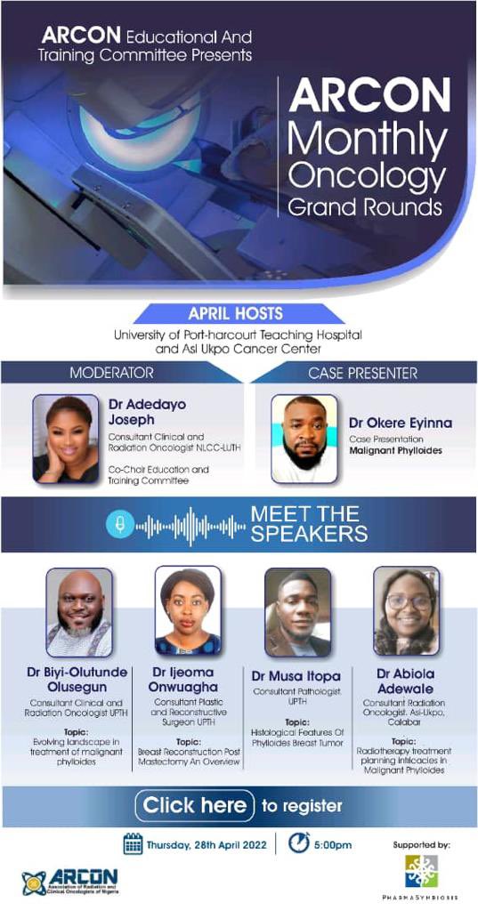 @ Dearest Distinguished Colleagues,

ARCON Multi-Disciplinary Team (MDT) meeting/ Grand round from University of Port-Harcourt Teaching Hospital (UPTH) and Asi Ukpo Cancer Center scheduled to hold:

Thursday 28th April, 2022 
5pm WAT

link:

us02web.zoom.us/webinar/regist…

THANK YOU