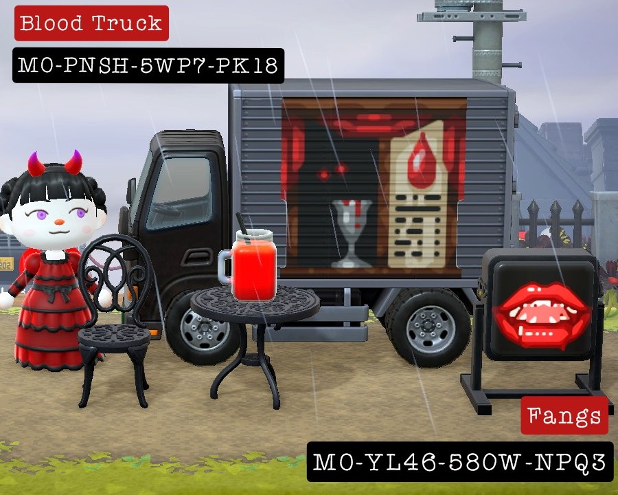 NightSpiritGoth's tweet photo. From Gothic Cross Stitch to Gothic Animal Crossing. 🩸 I'm playing animal crossing. I needed my very own blood truck for vampires, so here we are. Fangs are by Rachel of Halcyon. #ACNH #ACNHDesign #acnhinspo https://t.co/S0wi22JxX9