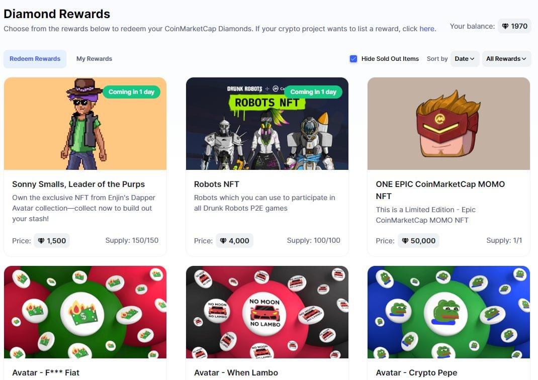 🚀 <a href="/CoinMarketCap/">CoinMarketCap</a> Rewards
Collect your Diamonds every day

Day 1: +10 💎
Day 2: +10 💎
Day 3: +10 💎
Day 4: +20 💎
Day 5: +20 💎
Day 6: +20 💎
Day 7: +50 💎

👉 Claim here: coinmarketcap.com/invite?ref=R0K…

🔹 Sign Up
🔹 Referral ID: R0KVJS2H
🔹 #Diamonds ♻️ #NFTs
#rewards #coinmaketcap